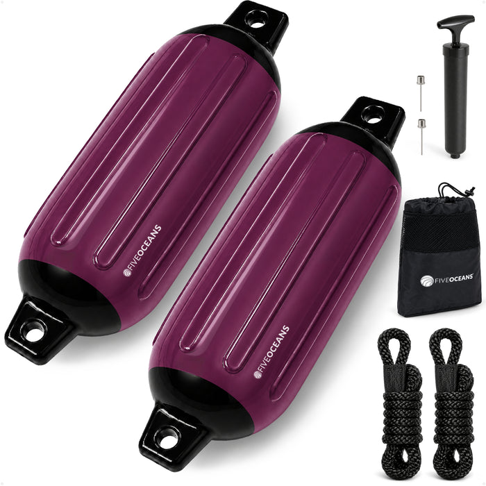 6.5" x 23" Inflatable Boat Fender, Marine-Grade PVC - Cranberry/Black, 2-Pack