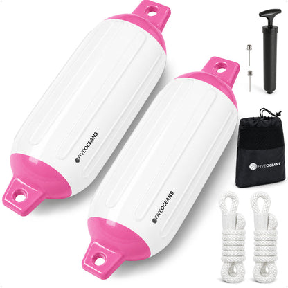 6.5" x 23" Inflatable Boat Fender, Marine-Grade PVC - White/Pink, 2-Pack