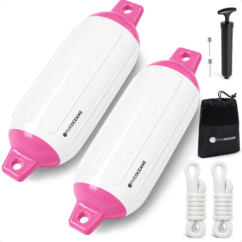 6.5" x 23" Inflatable Boat Fender, Marine-Grade PVC - White/Pink, 2-Pack