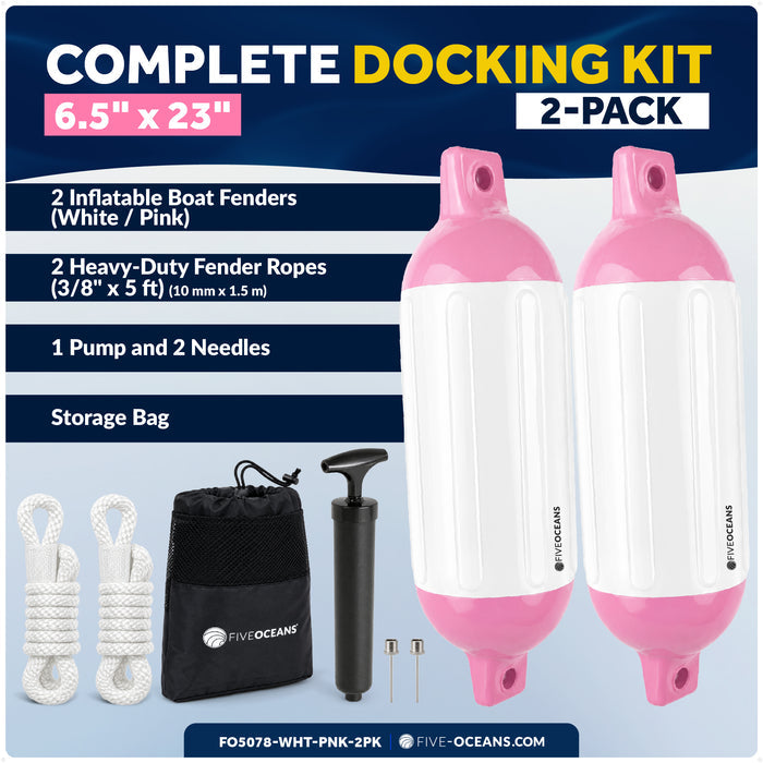 6.5" x 23" Inflatable Boat Fender, Marine-Grade PVC - White/Pink, 2-Pack