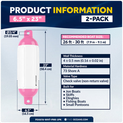 6.5" x 23" Inflatable Boat Fender, Marine-Grade PVC - White/Pink, 2-Pack