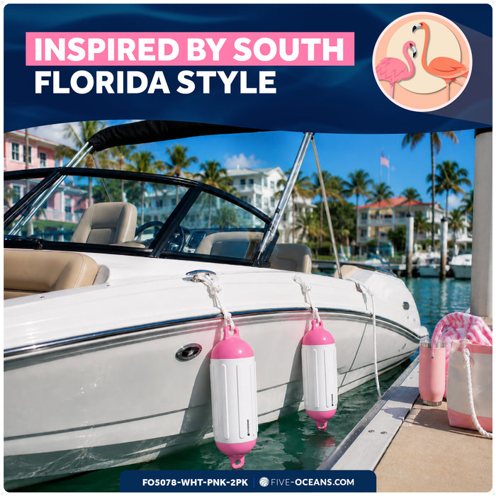6.5" x 23" Inflatable Boat Fender, Marine-Grade PVC - White/Pink, 2-Pack