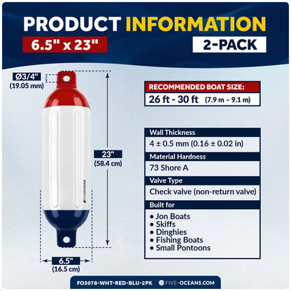 6.5" x 23" Inflatable Boat Fender, Marine-Grade PVC - White/Red/Blue, 2-Pack