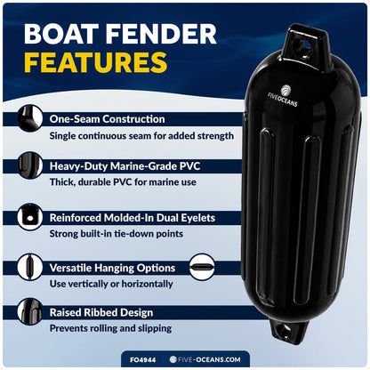 6.5" x 23" Inflatable Ribbed Boat Fenders, Black, 2-Pack