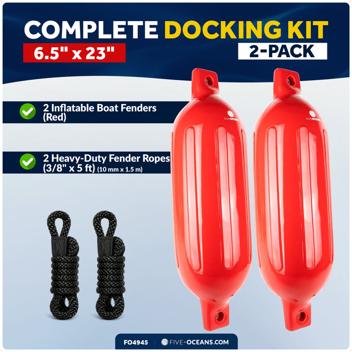 6.5" x 23" Inflatable Ribbed Boat Fenders, Red, 2-Pack
