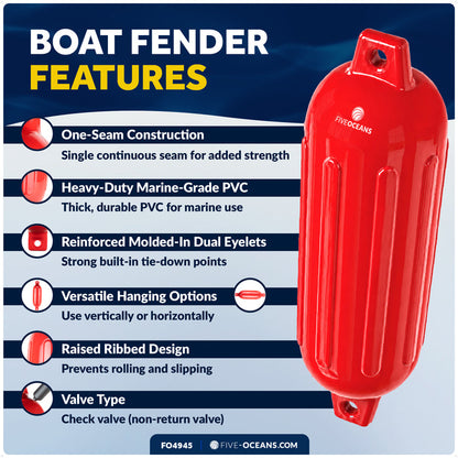 6.5" x 23" Inflatable Ribbed Boat Fenders, Red, 2-Pack