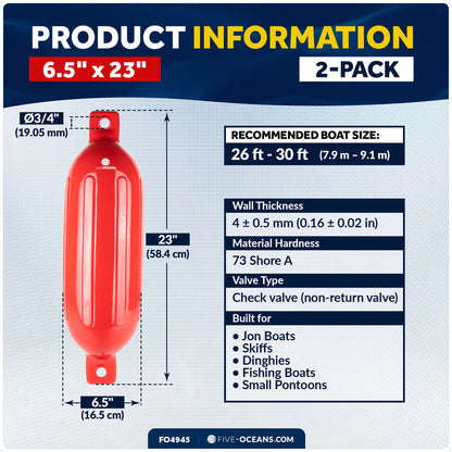 6.5" x 23" Inflatable Ribbed Boat Fenders, Red, 2-Pack