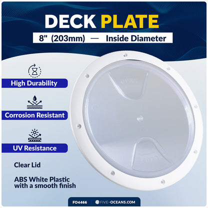 8" Deck Plate, Round Screw-in, White with Clear Lid - FO4466 - Five Oceans