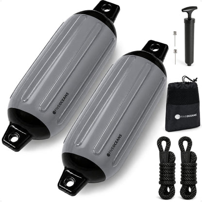 8.5" x 27" Inflatable Boat Fender, Marine-Grade PVC - Gray/Black, 2-Pack