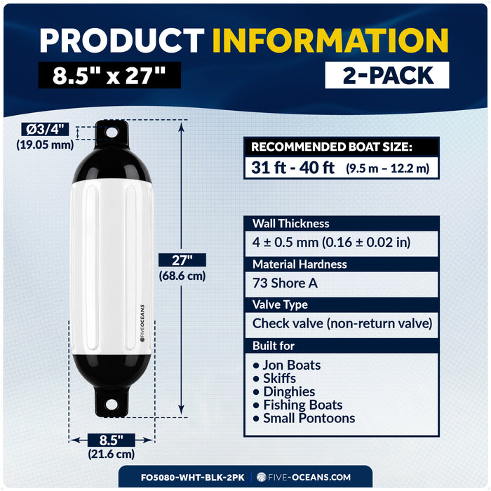 8.5" x 27" Inflatable Boat Fender, Marine-Grade PVC - White/Black, 2-Pack