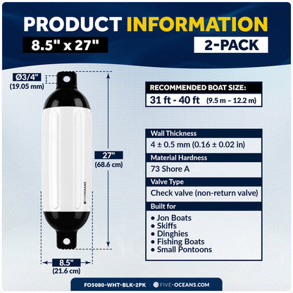 8.5" x 27" Inflatable Boat Fender, Marine-Grade PVC - White/Black, 2-Pack