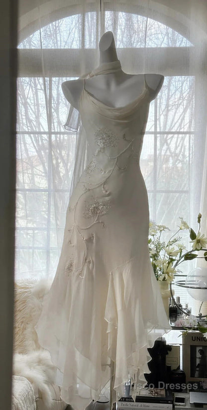 90S Fairytale White Chiffon & Tulle Prom Dress For Pool Party -Vintage Beading & Embroidery Ball Gown For Formal Events