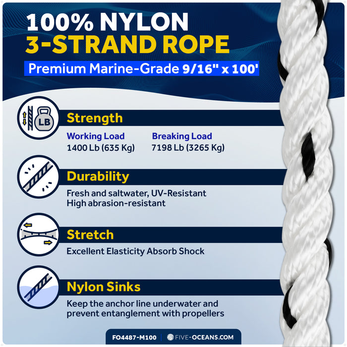 9/16" x 100' Premium 3-Strand Nylon Rope Line, White with Black Tracer - FO4487-M100 - Five Oceans
