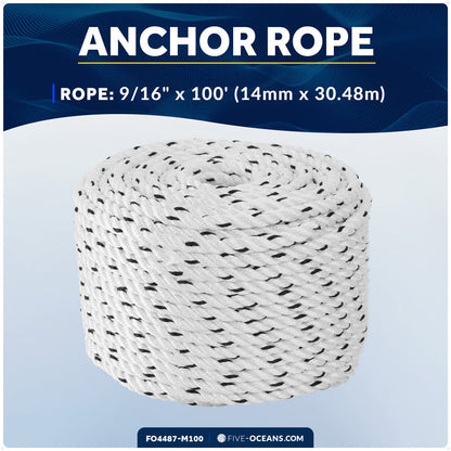 9/16" x 100' Premium 3-Strand Nylon Rope Line, White with Black Tracer - FO4487-M100 - Five Oceans