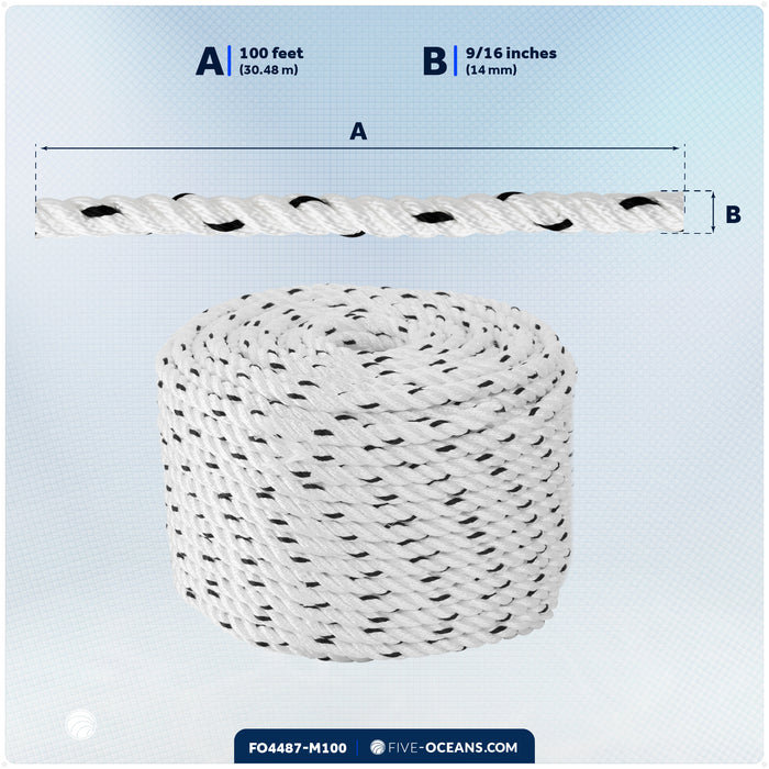 9/16" x 100' Premium 3-Strand Nylon Rope Line, White with Black Tracer - FO4487-M100 - Five Oceans