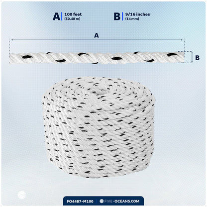 9/16" x 100' Premium 3-Strand Nylon Rope Line, White with Black Tracer - FO4487-M100 - Five Oceans