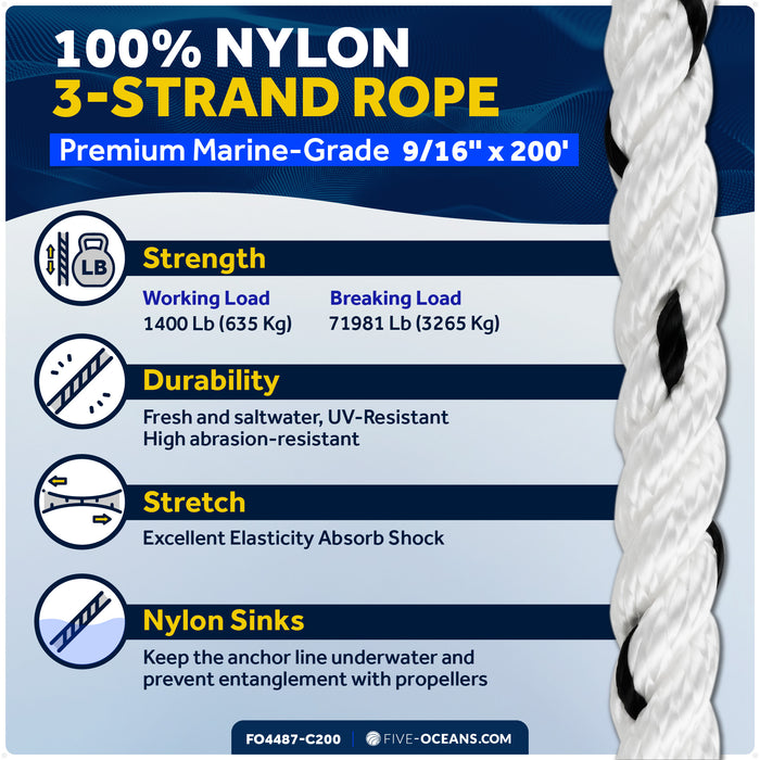 9/16" x 200' Premium 3-Strand Nylon Anchor Line - FO4487-C200 - Five Oceans