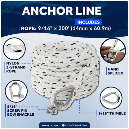 9/16" x 200' Premium 3-Strand Nylon Anchor Line - FO4487-C200 - Five Oceans