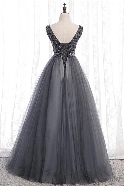 A-line Beaded Grey Tulle Long Party Dress