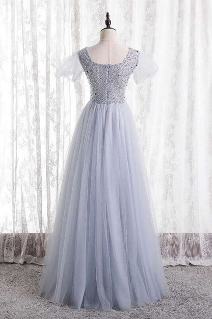 A-line Beaded Red Long Party Dress with Short Sleeves