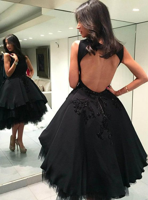 A-Line Black Tulle Backless Knee Length Homecoming Dress