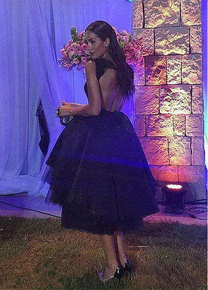 A-Line Black Tulle Backless Knee Length Homecoming Dress