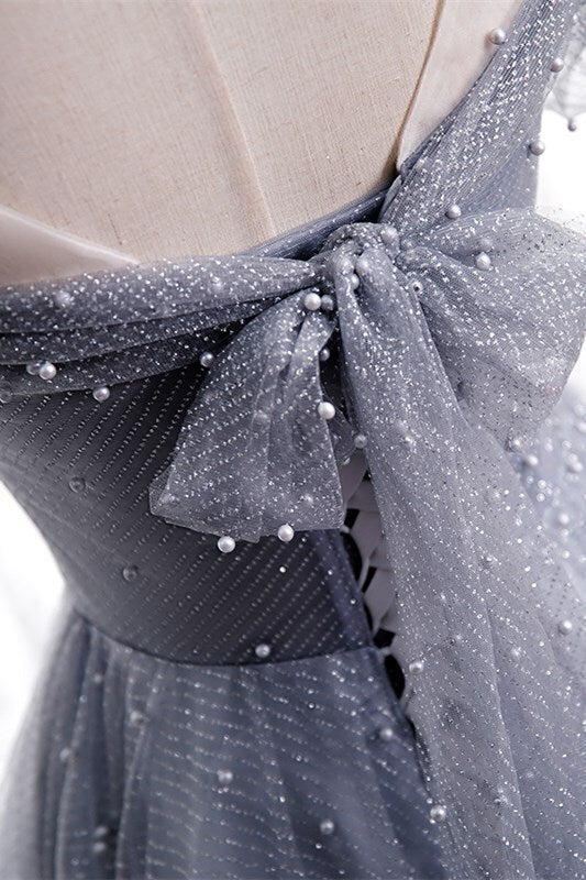 A-line Grey Tulle Long Prom Dress with Pearls