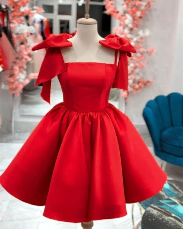 A Line Homecoming Dresses 2024 Bow Strap Satin Prom Cocktail Party Gown