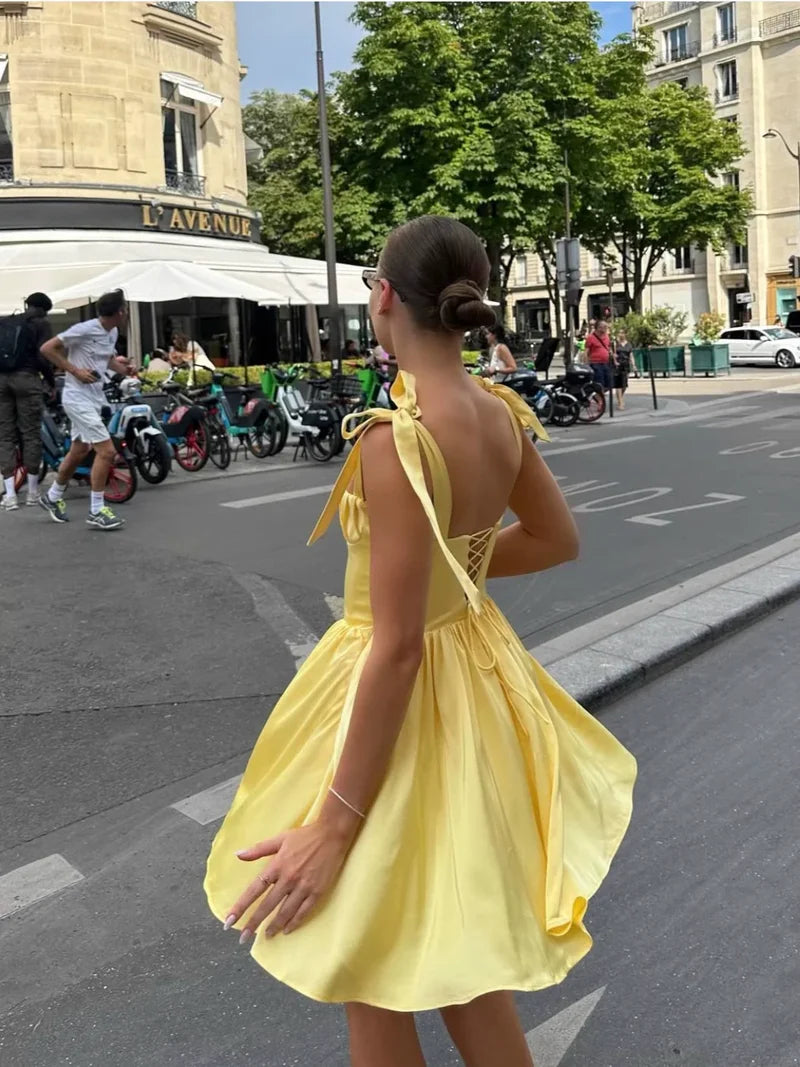 A Line Homecoming Dresses Yellow Bow Strap Prom Cocktail Party Gown