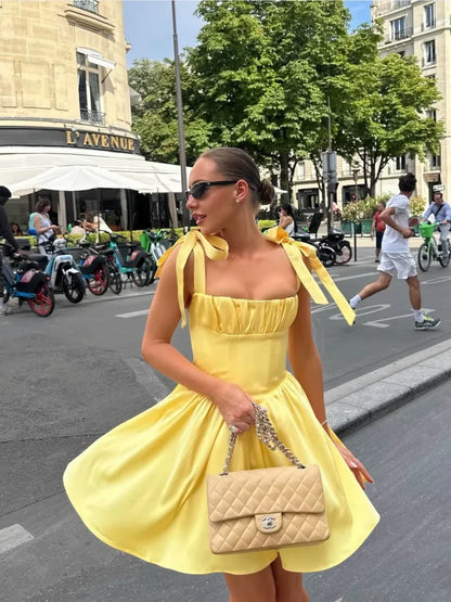 A Line Homecoming Dresses Yellow Bow Strap Prom Cocktail Party Gown