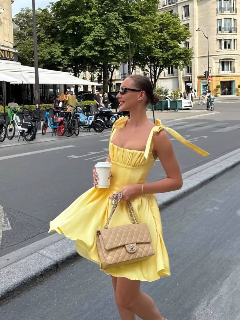 A Line Homecoming Dresses Yellow Bow Strap Prom Cocktail Party Gown