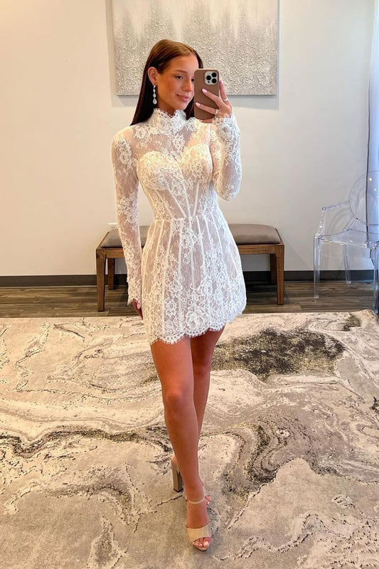 A Line Lace Homecoming Dress With Long Sleeves