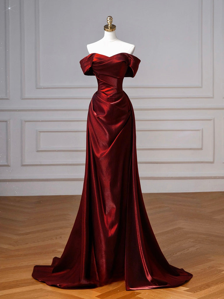 A-Line Off Shoulder Satin. Burgundy Long Prom Dress, Burgundy Long Evening Dress