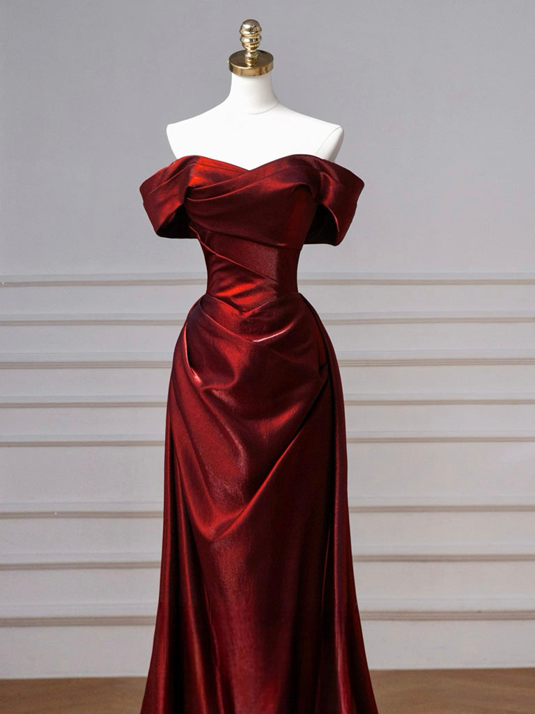 A-Line Off Shoulder Satin. Burgundy Long Prom Dress, Burgundy Long Evening Dress
