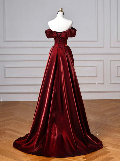 A-Line Off Shoulder Satin. Burgundy Long Prom Dress, Burgundy Long Evening Dress