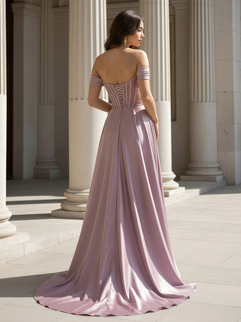 A-Line Off-Shoulder Satin Gown With Sweep Train Vintage Mauve
