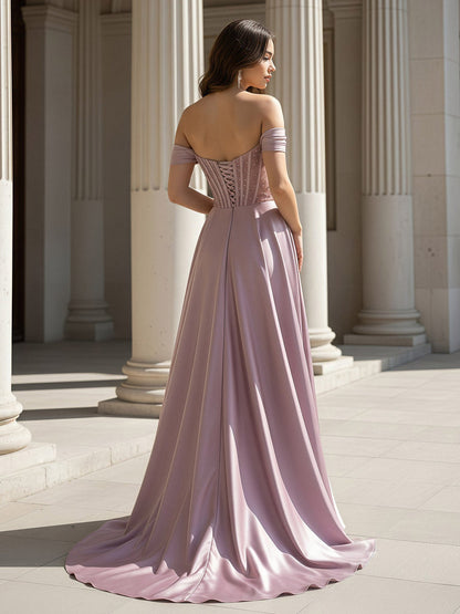 A-Line Off-Shoulder Satin Gown With Sweep Train Vintage Mauve