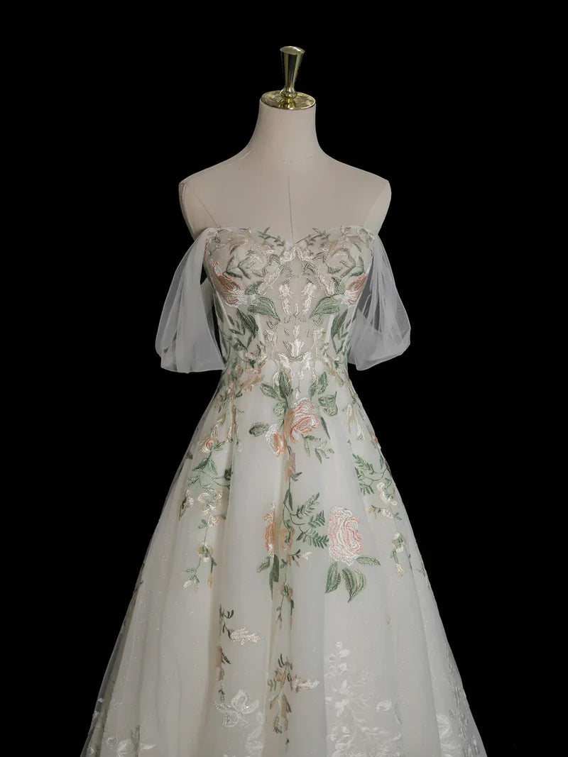 A-Line Off Shoulder Tulle Lace Applique White Long Prom Dress, White Long Formal Dress