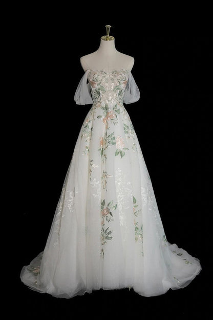 A-Line Off Shoulder Tulle Lace Applique White Long Prom Dress, White Long Formal Dress