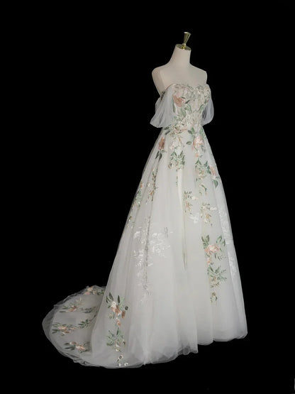 A-Line Off Shoulder Tulle Lace Applique White Long Prom Dress, White Long Formal Dress
