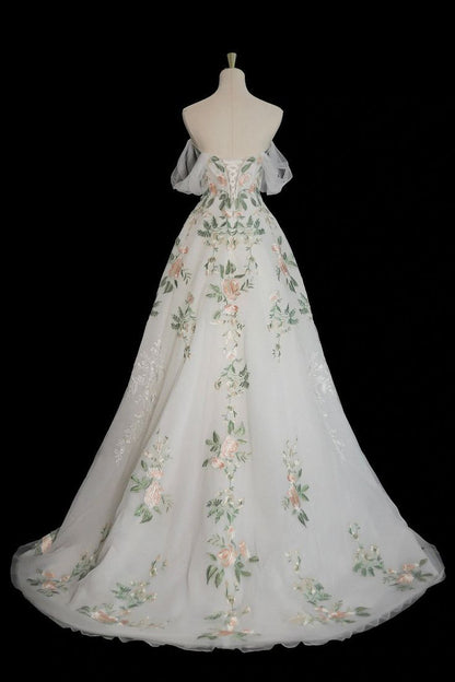 A-Line Off Shoulder Tulle Lace Applique White Long Prom Dress, White Long Formal Dress