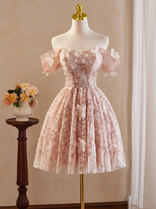 A-Line Off Shoulder Tulle Lace Short Prom Dress, Homecoming Dress