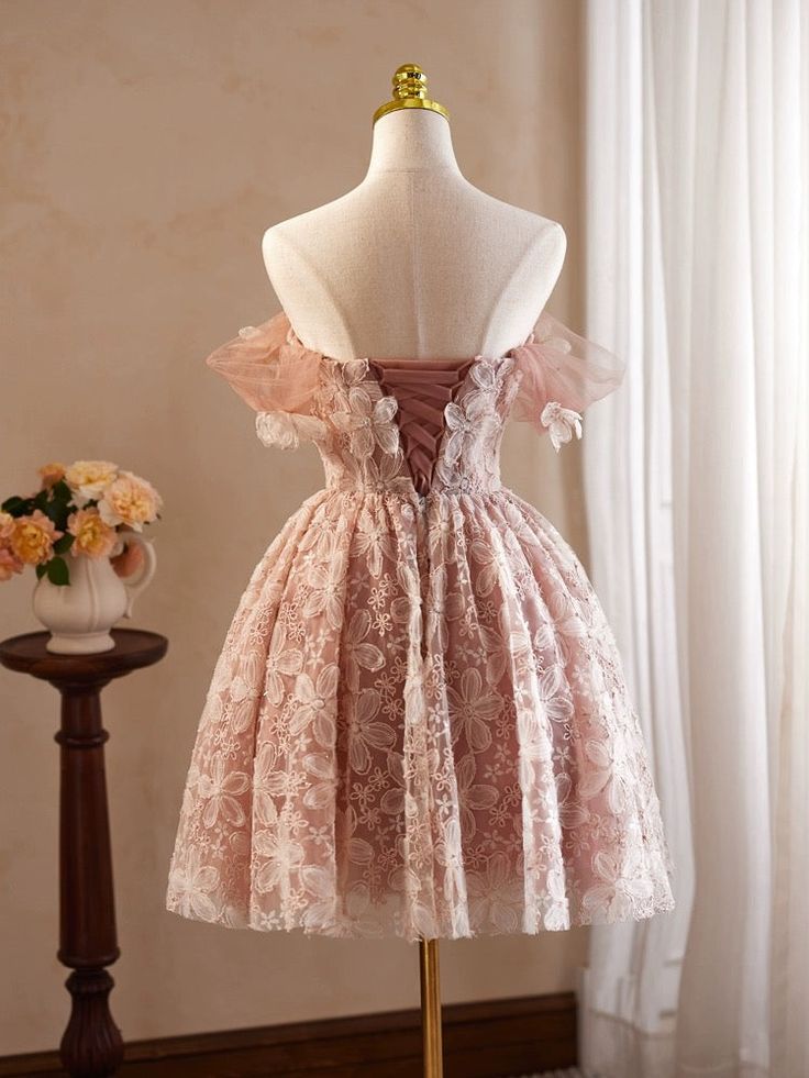 A-Line Off Shoulder Tulle Lace Short Prom Dress, Homecoming Dress