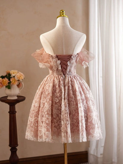 A-Line Off Shoulder Tulle Lace Short Prom Dress, Homecoming Dress