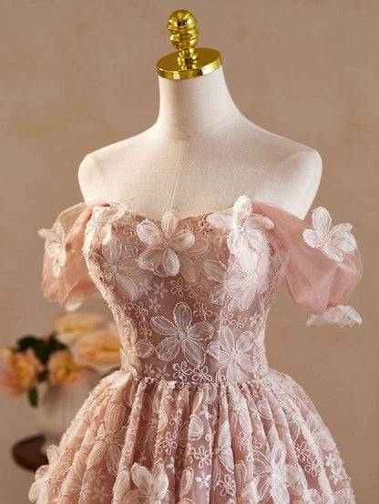 A-Line Off Shoulder Tulle Lace Short Prom Dress, Homecoming Dress