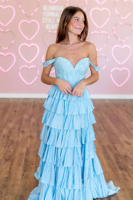 A-Line Off the Shoulder Light Blue Ruffle Tiered Long Prom Dresses with Slit