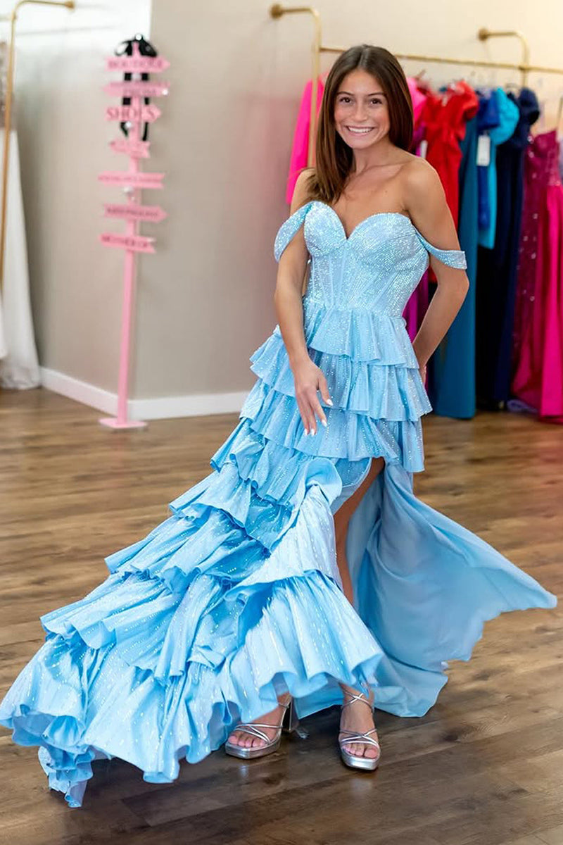 A-Line Off the Shoulder Light Blue Ruffle Tiered Long Prom Dresses with Slit