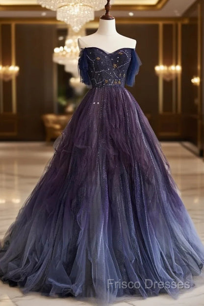 A-Line Purple Gradient Tulle Long Formal Prom Dress