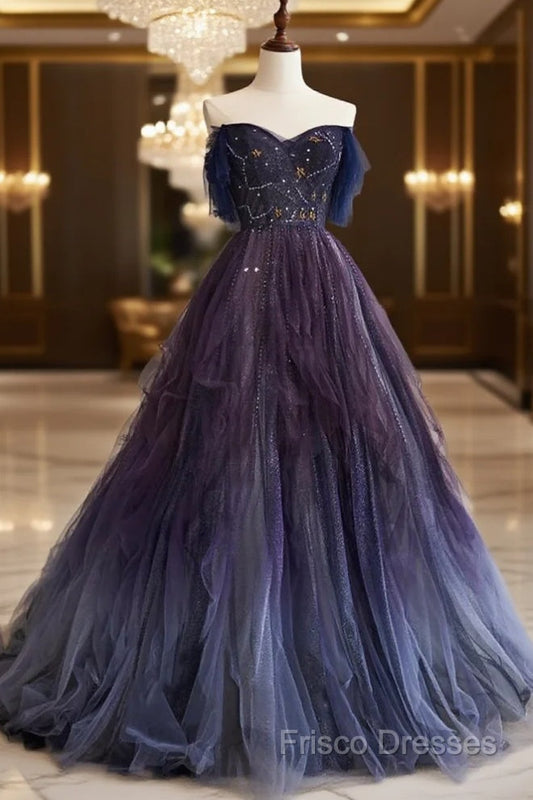 A-Line Purple Gradient Tulle Long Formal Prom Dress