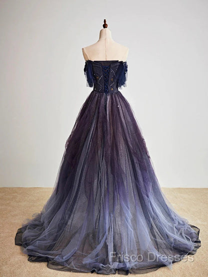 A-Line Purple Gradient Tulle Long Formal Prom Dress